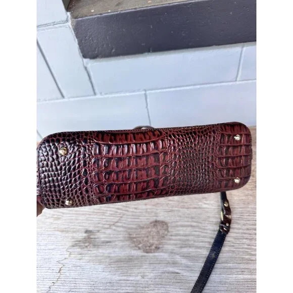 Brahmin Leather Satchel Shoulder Crossbody Bag Black Brown Croc Embossed Zip Top - Picture 3 of 9